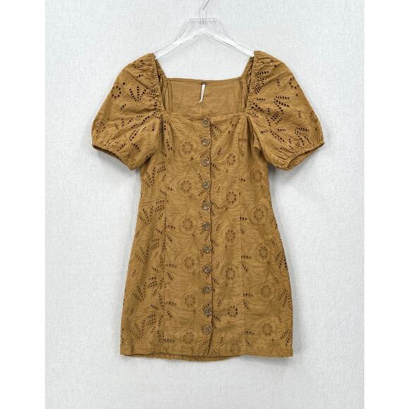 FREE PEOPLE Daniella Mini Dress Women 0 Taupe Embroidered Eyelet Puff Sleeve NEW - Picture 2 of 14